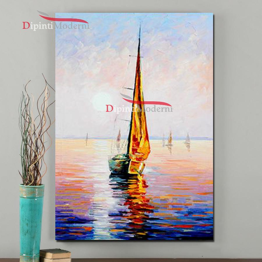 Quadro donna al mare 80x120 dipinto su tela e sfondo con barche