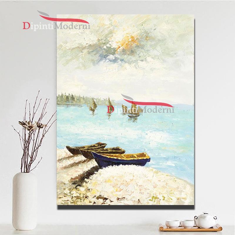 Quadri dipinti a mano sponda del lago con barche - Dipinti Moderni