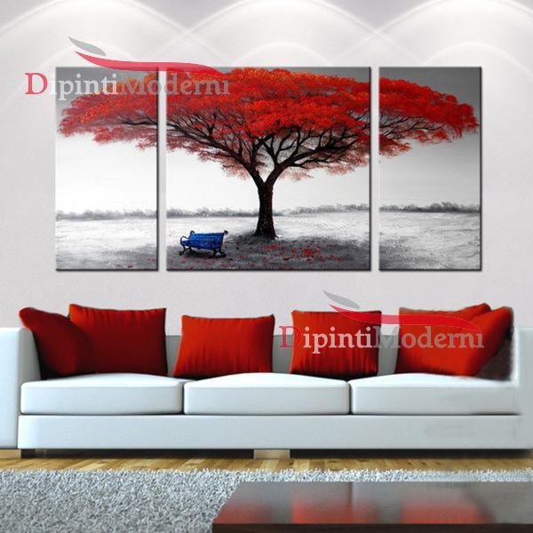 Quadri moderni paesaggio albero rosso panchina su unica tela personalizzato  - Dipinti Moderni