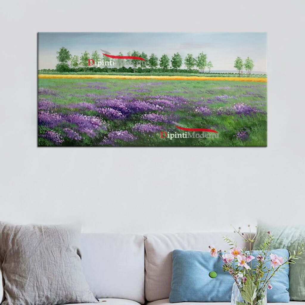 Dipinti moderni campagna verde con fiori viola - Dipinti Moderni