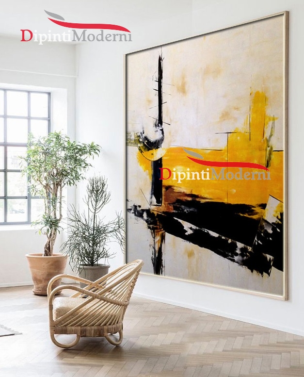 Quadri moderni dipinti a mano decorativi giallo nero studio salone soggiorno  - Dipinti Moderni